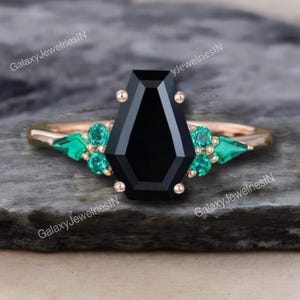 Vintage Coffin cut Black onyx ring Unique rose gold engagement ring Kite cut Emerald ring Black gemstone Wedding Ring art deco promise ring