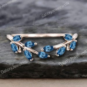 Marquise cut London Blue Topaz Curved wedding band vintage rose gold ring Leaf Branch ring Bridal Antique Matching ring Dainty promise ring