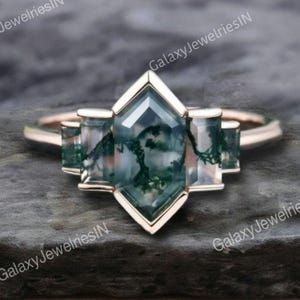 Hexagon cut Natural Moss Agate ring Unique Rose gold engagement ring Baguette cut Moss agate ring Bezel ring Bridal wedding anniversary ring