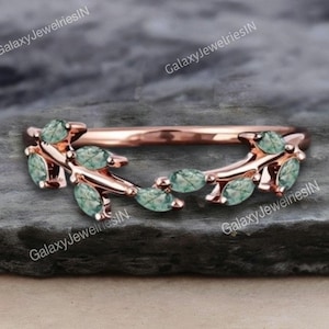 Unique moss agate wedding ring Art deco solid rose gold wedding band Nature inspired green gemstone leaf curved band Handmade jewelry gift