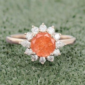 Natural Sunstone Ring Sterling Round Cut 1ct. Sunstone Engagement Bridal Ring Orange Gemstone Birthday Gift for Women Girls Lucky Stone Ring