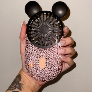 Custom Bedazzled Handheld Fan – Rechargeable Bling Fan – Made to Order in Pink, Red, or Yellow – Sparkly Personalized Gift, Theme Park Fan
