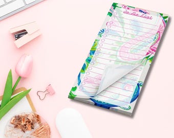 Bright Paisley Note Pad, To Do List, Stationary Paper, Green, Pink, Writing, Notes, Teacher Gift, Chic Office, Martha Vineyards, Coastal