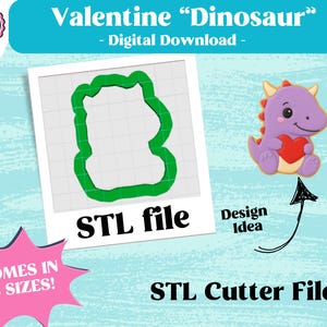 Valentine&#39;s Day Dinosuar Cookie Cutter STL | Love Animal STL Digital File | 3D Print Cutter | DIY Sugar Cookie | Instant Download | 5 sizes