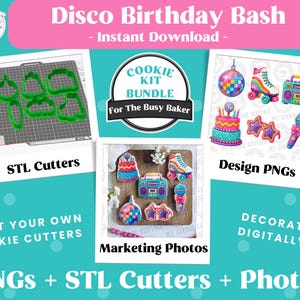 Disco Birthday Cookie Marketing Kit | STL Cutters + Edible PNGs + Presale Photos for Cookie Sellers | Retro Roller Skate Party