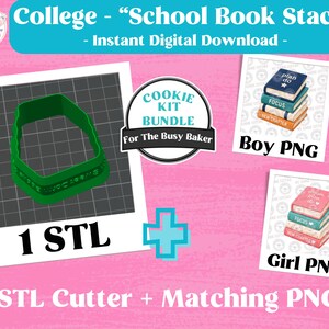 College Dorm School Book Stack Cookie Cutter STL w/ Matching PNG | Direct to Food Printer Cookie Image | 3D Printable Cutter File for Baker