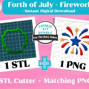 May include: A digital cookie kit bundle featuring a green firework-shaped cookie cutter in STL format on a grid background and a matching firework graphic in PNG format with red, blue, and yellow colours, labelled Forth of July - Firework.