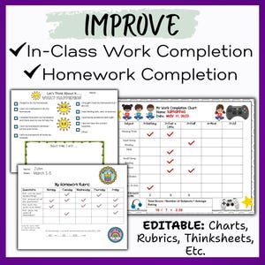 May include: A purple and white educational printable with the word "IMPROVE" at the top. The image includes charts, rubrics, and thinksheets for in-class and homework completion. The text "EDITABLE: Charts, Rubrics, Thinksheets, Etc." is also visible.