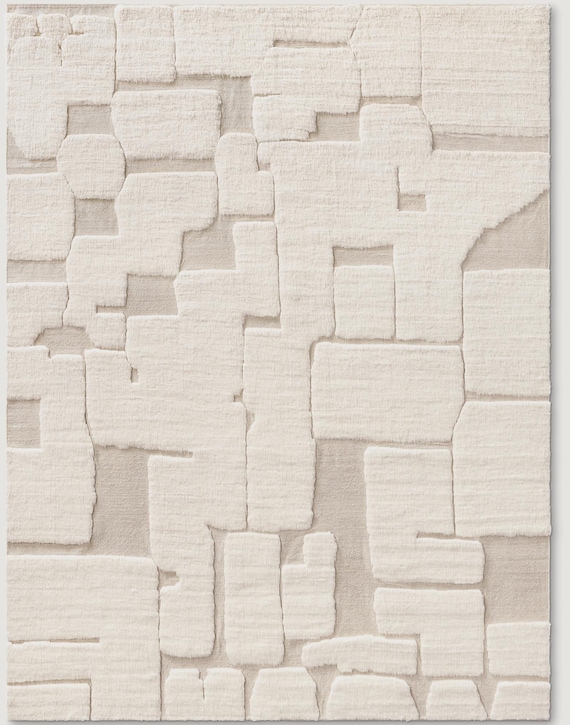 Ivory Hand-Knotted Wool Rug | Soft Natural Wool Carpet | Textured Cut Pile long fibers | Cozy Winter Decor