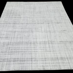 Può includere: Un tappeto rettangolare caratterizzato da una palette di colori grigio chiaro e bianco con un sottile motivo a tratteggio incrociato dall'aspetto usurato. Il design è composto da sottili linee verticali e orizzontali che creano una trama tessuta.