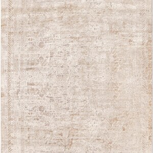May include: A rectangular area rug featuring a distressed, faded aesthetic in shades of beige and cream. The design includes a repeating pattern of stylized floral motifs arranged in vertical columns, framed by a decorative border with linear details.