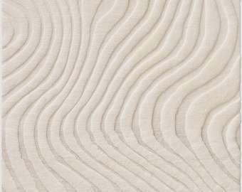 Alfombra de lana anudada a mano, modelo Modern Wave, color crema marfil neutro, tejida en pelo denso y luego cortada en líneas onduladas con textura de alto y bajo relieve.