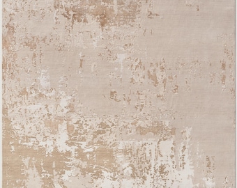 Alfombra de Lana y Seda Anudada a Mano, Alfombra Abstracta Marfil Beige, Alfombra Moderna de Lujo, Diseño Neutro Contemporáneo.