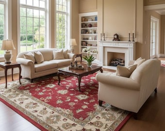 Hand Tufted Wool Area Rug, Red Floral Oriental Design, Timeless Rugs Studio, Agra, Oushak and Persian Carpets, Luxury Wool, Vintage Designs.