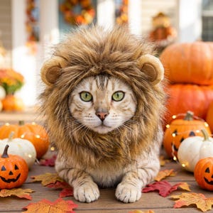 May include: A cat wearing a brown faux fur lion mane costume with rounded ears. The mane is thick and textured, framing the cat's face. The cat has light brown fur with darker stripes and green eyes, positioned in a forward-facing pose.