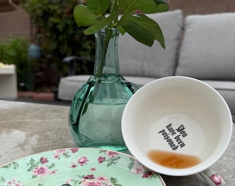 Seafoam Green and Pink Floral Teacup & Saucer – “You’ve Been Poisoned” – Funny Tea Set, Dark Humor Gift, Vintage‑Style Floral Cup