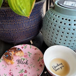 Pink Floral Teacup & Saucer Set – “I F*cking Love You” Cup + “Bitch” Saucer – Funny Tea Set, Sassy Gift for Best Friends