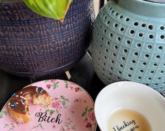 Pink Floral Teacup & Saucer Set – “I F*cking Love You” Cup + “Bitch” Saucer – Funny Tea Set, Sassy Gift for Best Friends