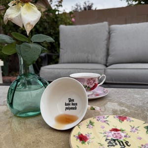 Yellow and Red Floral Teacup & Saucer – “You’ve Been Poisoned” – Funny Tea Set, Dark Humor Gift, Vintage‑Style Floral Cup
