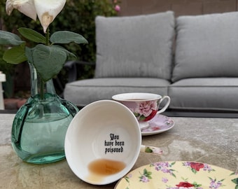 Yellow and Red Floral Teacup & Saucer – “You’ve Been Poisoned” – Funny Tea Set, Dark Humor Gift, Vintage‑Style Floral Cup