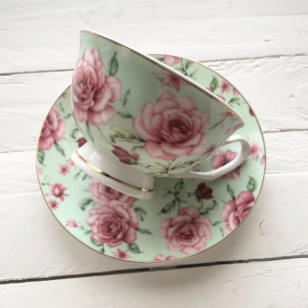Custom Saying, Script Tea Cup and Saucer, Sea Foam Green and pink Rose Floral Pattern