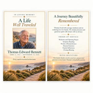 May include: A funeral program featuring a coastal sunset background with a path leading to the ocean. The front displays the text In Loving Memory, A Life Well Traveled, a portrait of Thomas Edward Bennett, and dates April 6, 1941 - September 18, 2026.