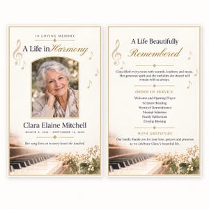 Könnte beinhalten: Ein Trauerprogramm mit dem Porträt einer älteren Frau, Musiknoten und Klaviertasten. Der Text lautet: In Loving Memory, A Life in Harmony, Clara Elaine Mitchell, March 9, 1944 - September 14, 2026, und A Life Beautifully Remembered.