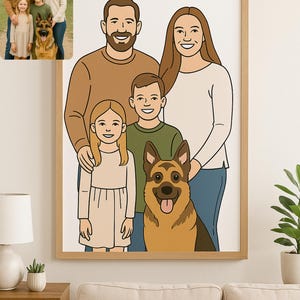 Custom Family and Dog Cartoon Portrait – Digital Pet & People Vector Art – Personalized Printable Pet Owner Gift