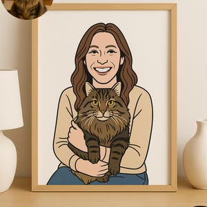 Custom Pet Portrait with Owner – Cartoon Style Digital Drawing – Personalized Cat & Human Artwork – Printable Pet Lover Gift