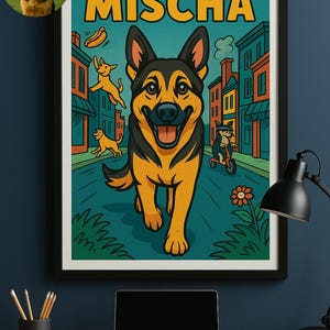 Custom Comic Style Dog Poster | German Shepherd Wall Art | Funny Pet Portrait Print | Personalized Dog Cartoon Gift