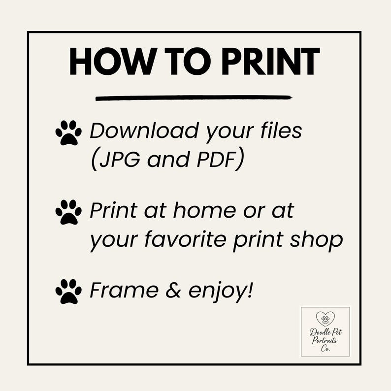 May include: A cream-coloured print with black text that reads "HOW TO PRINT." Instructions include downloading files, printing at home or a print shop, and framing. The Doodle Pet Portraits Co. logo is in the bottom right corner.