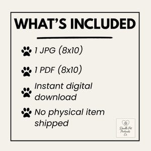 May include: A cream-colored graphic with the text "WHAT'S INCLUDED" at the top. Below, it lists a JPG and PDF file, both 20.3 x 25.4 cm, as an instant digital download. It also states that no physical item is shipped. The Doodle Pet Portraits Co. logo is in the bottom right corner.