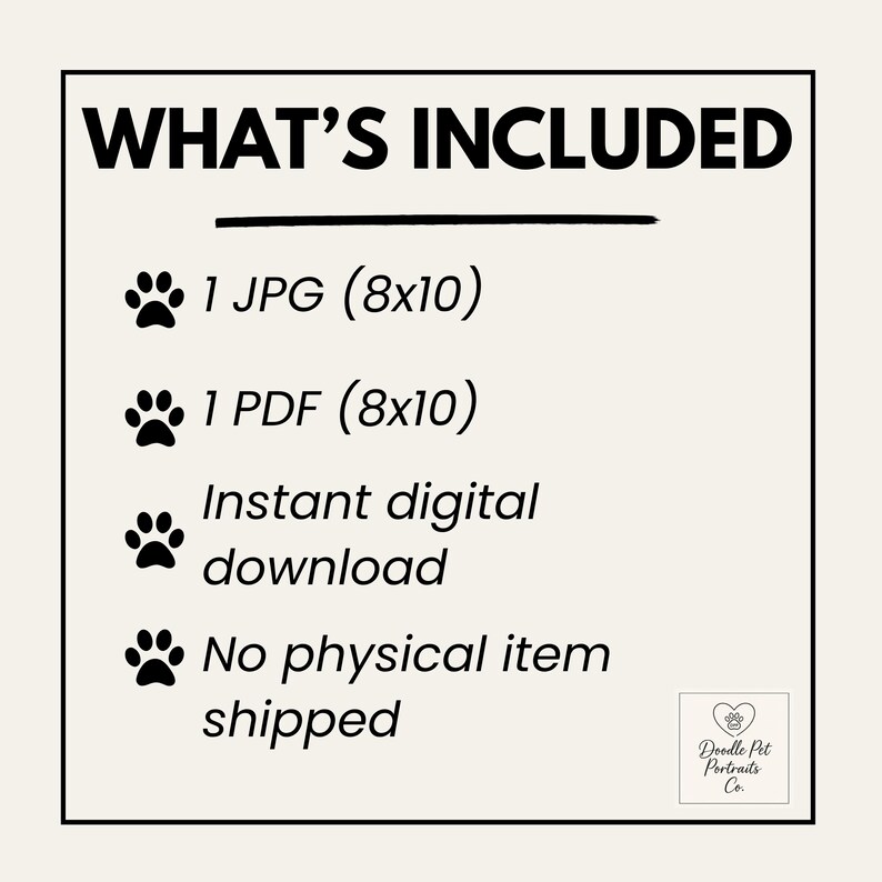 May include: A cream-colored graphic with the text "WHAT'S INCLUDED" at the top. Below, it lists a JPG and PDF file, both 20.3 x 25.4 cm, as an instant digital download. It also states that no physical item is shipped. The Doodle Pet Portraits Co. logo is in the bottom right corner.