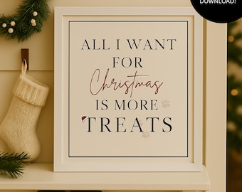 All I Want for Christmas Is More Treats Sign | Dog Christmas Wall Art | Funny Pet Holiday Decor | Printable Dog Mom Christmas Sign