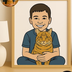 Custom Pet and Kid Portrait – Cartoon Style Drawing from Photo – Personalized Pet and Child Art – Digital Download Gift for Families