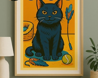 May include: A framed poster featuring a stylized black cat named "Sooty" with yellow eyes, sitting upright. The poster includes a tennis ball, a feather toy, and a "Best Seller" badge. The background is orange and yellow.