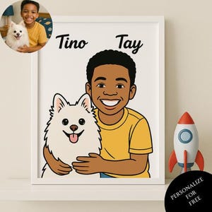 Custom Cartoon Kid and Dog Portrait | Personalized Pet Art Print | Digital Pet and Child Drawing | Kids Room Wall Decor