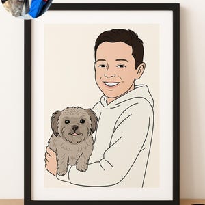 Custom Cartoon Portrait – Boy and Dog Drawing – Personalized Pet Owner Gift – Digital Pet Art from Photo – Printable Gift for Families