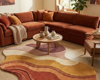Abstract Boho Wavy Area Rug – Modern Organic Shape Tufted Rug Handmade Statement Floor Rug for Living Room Bedroom Decor