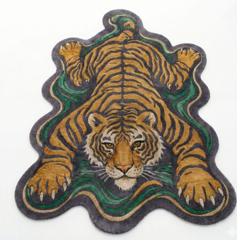 May include: A rug shaped like a tiger, featuring a detailed design. The rug has a brown and black striped pattern, with a green and gray border. The tiger's face is centered, with its paws extended.
