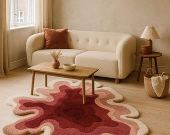 Tappeto in lana annodato a mano - Tappeto ondulato astratto rosso rosa, moderno arredo per pavimenti