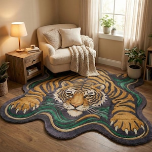 May include: A rug shaped like a tiger, with a gray background and a tiger face and body in shades of gold, brown, and black. The rug has green and gold wavy lines around the tiger's body. The rug is placed on a wooden floor.