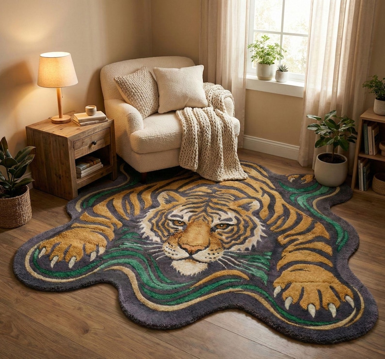 May include: A rug shaped like a tiger, with a gray background and a tiger face and body in shades of gold, brown, and black. The rug has green and gold wavy lines around the tiger's body. The rug is placed on a wooden floor.