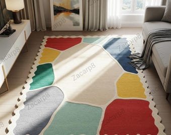 Multicolor Scalloped Wool Rug, Hand-Tufted Area Rug