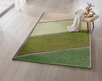 Alfombra de lana tejida a mano: Alfombra abstracta verde para sala de estar