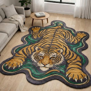 May include: A large, decorative rug shaped like a tiger, featuring a detailed design. The rug has a gray background with a green and gold wavy border. The tiger's body is orange with black stripes, and its face is detailed with brown and white.