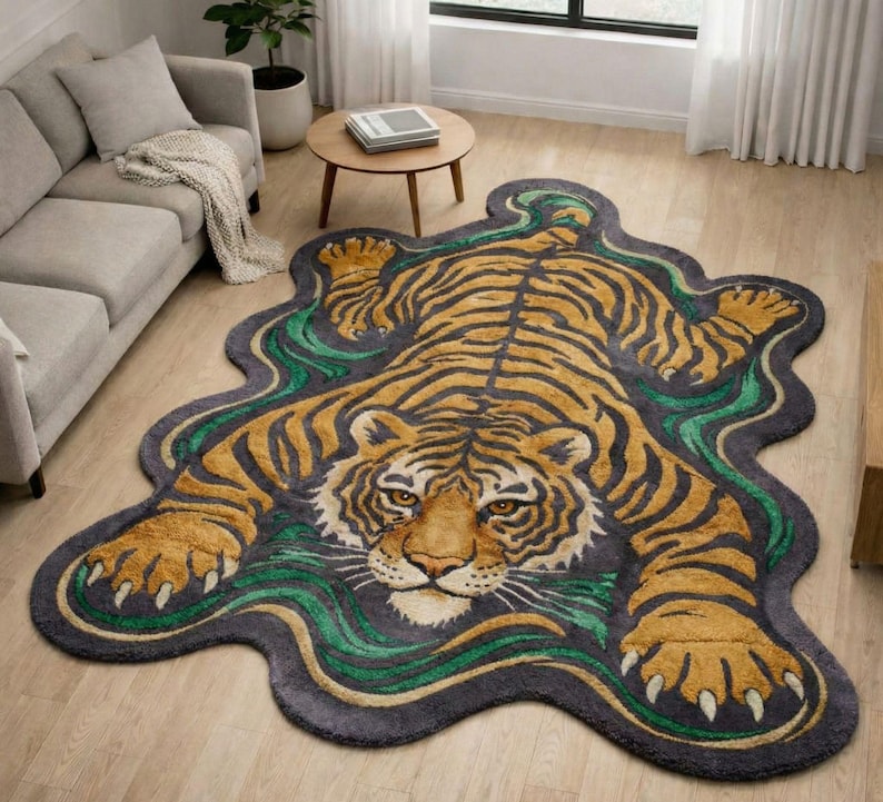 May include: A large, decorative rug shaped like a tiger, featuring a detailed design. The rug has a gray background with a green and gold wavy border. The tiger's body is orange with black stripes, and its face is detailed with brown and white.