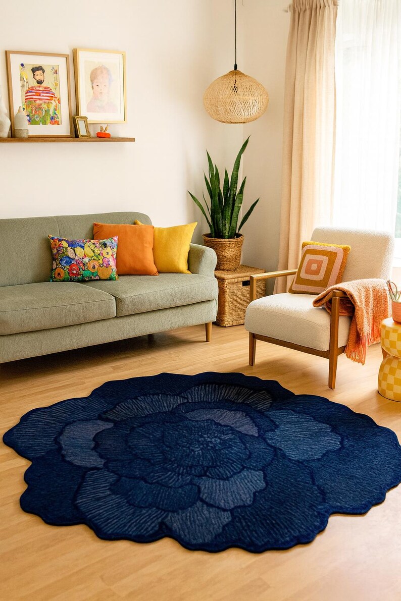 Handmade Blue Botanical Rug – Luxury Floral Shaped Carpet for Modern ...