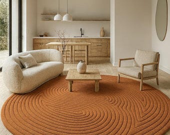 Modern Terracotta Round Rug: Handcrafted Textured Wave Carpet