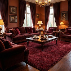 May include: A luxurious living room with burgundy velvet furniture, including a sofa, armchairs, and a plush rug. The room features dark red curtains, framed artwork, and a wooden coffee table with a tea set. A chandelier hangs from the ceiling.